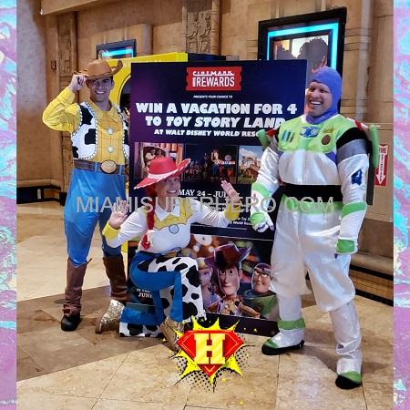 Buzz Lightyear and Woody Toy Story characters at kids birthday party in South Florida