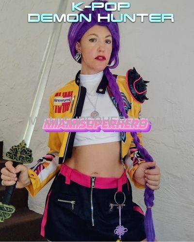 Rumi-inspired K-Pop Demon Hunter character hero pose in Coral Gables