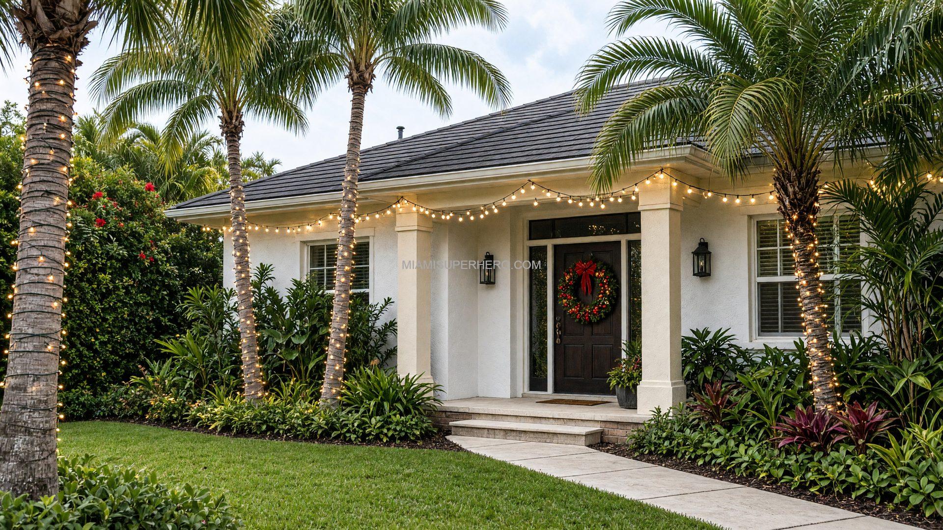When to book Christmas entertainment in South Florida: a palm-lined home with holiday lights