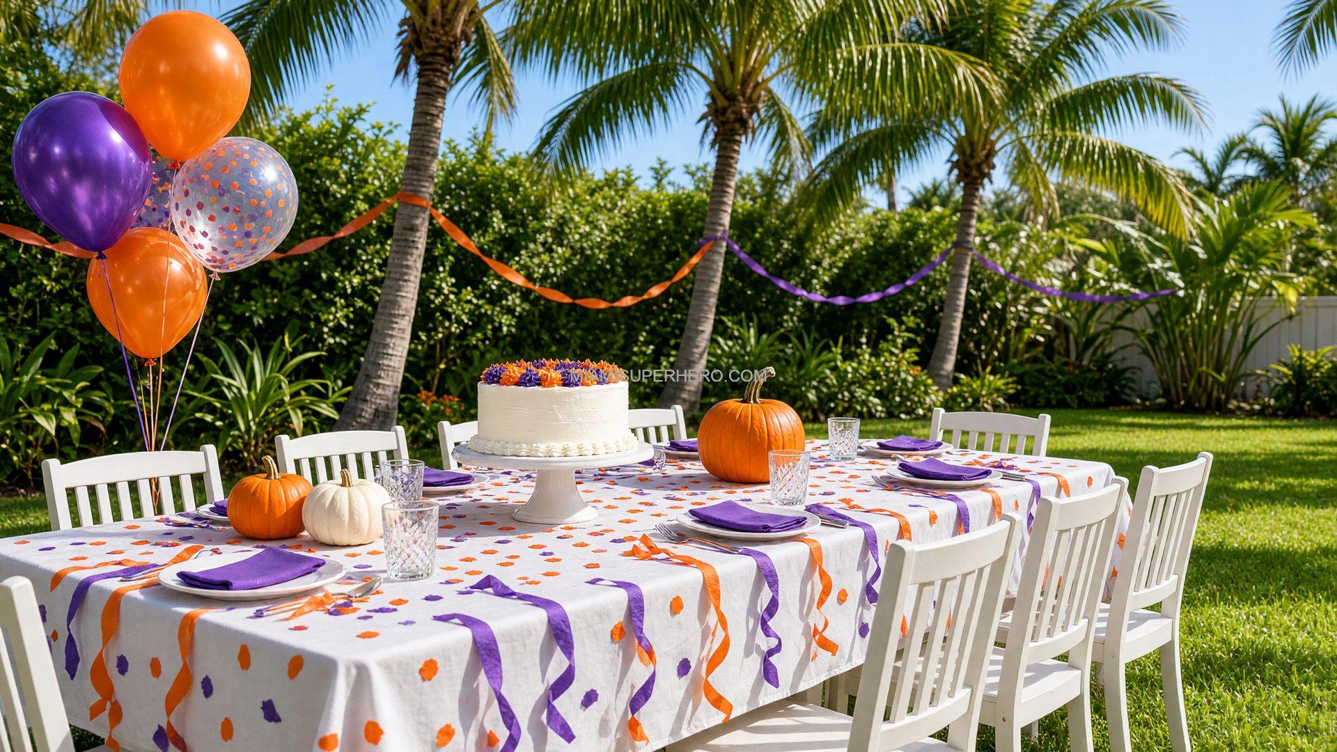Halloween birthday party ideas: backyard cake table with pumpkins and balloons in South Florida