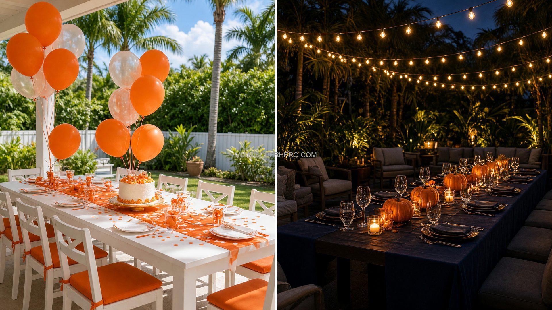 Choosing Halloween characters for an adult party versus a kids party: two empty South Florida setups
