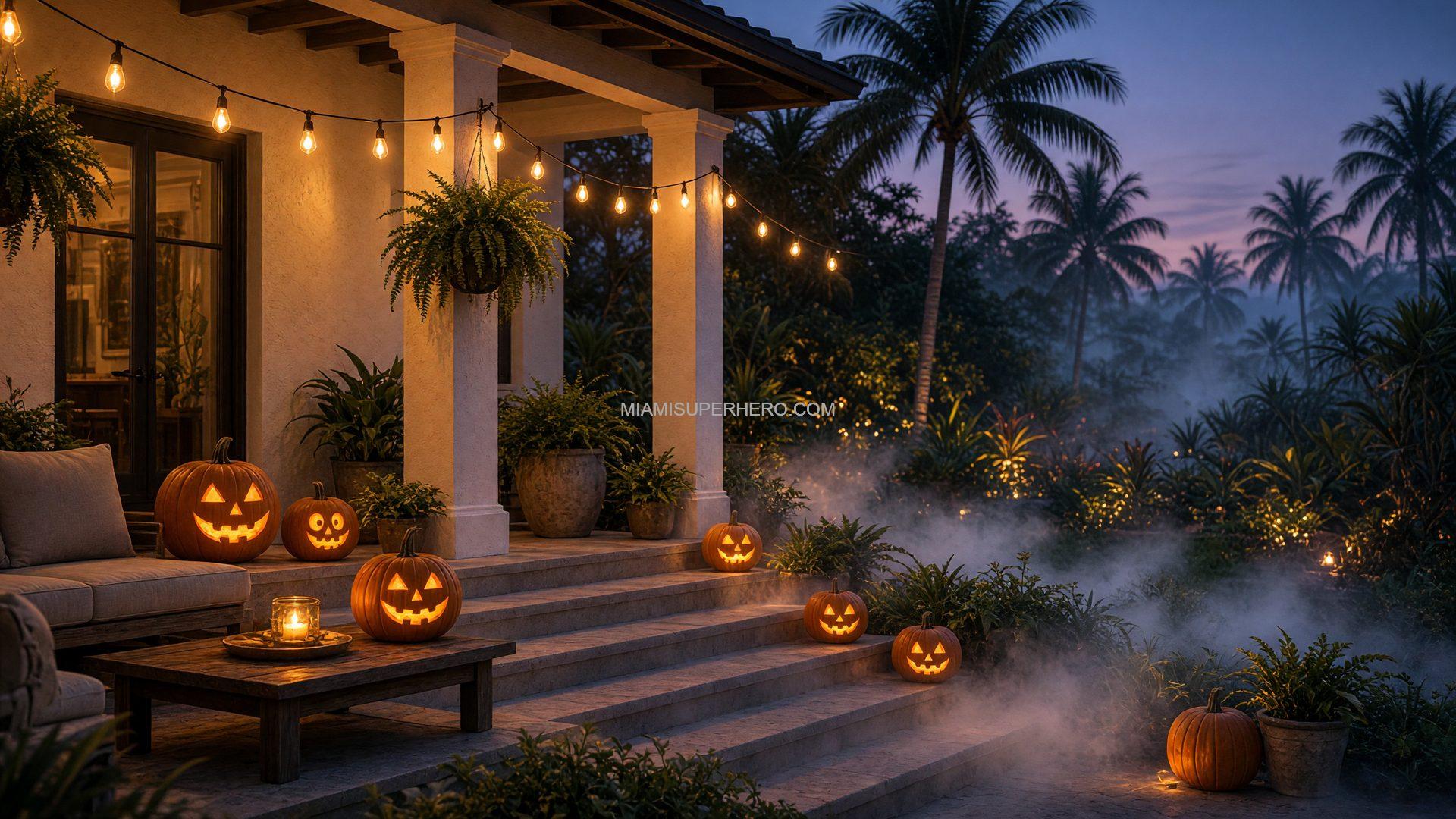 Scary characters for a Halloween party: South Florida porch with jack-o-lanterns, string lights, and light fog