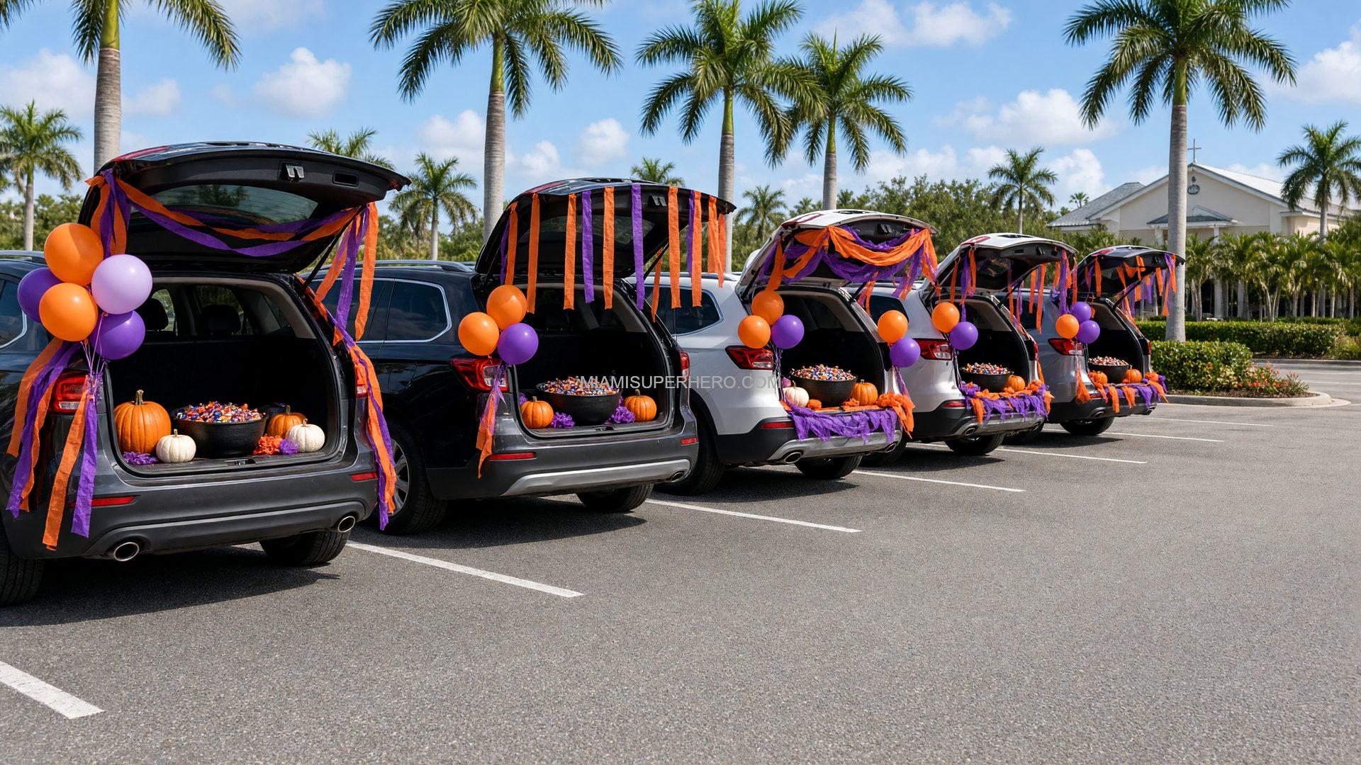 Trunk-or-treat entertainment setup in a Broward church parking lot with decorated car trunks, pumpkins, and balloons